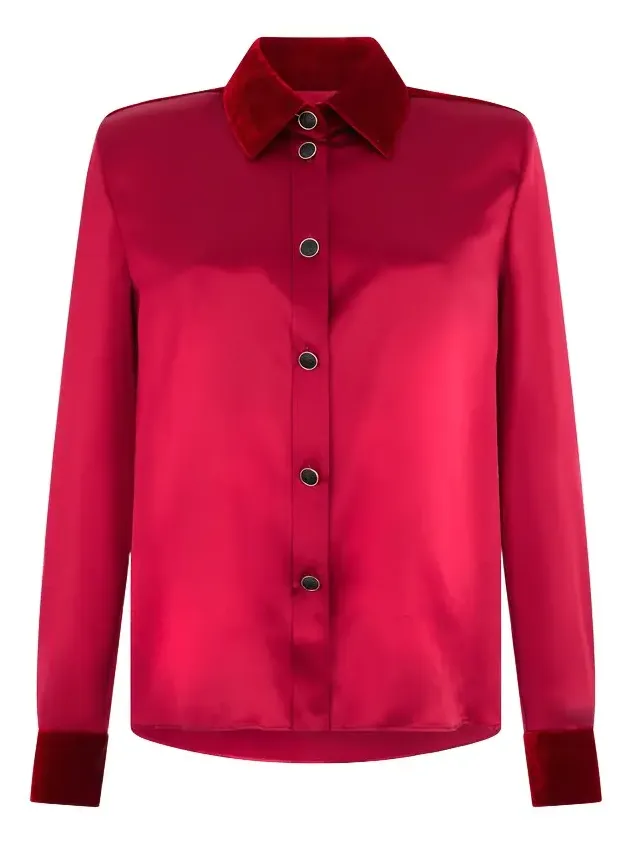 Dark Red Silk Shirt With Velvet Inserts Dark Red Silk Shirt With Velvet Inserts