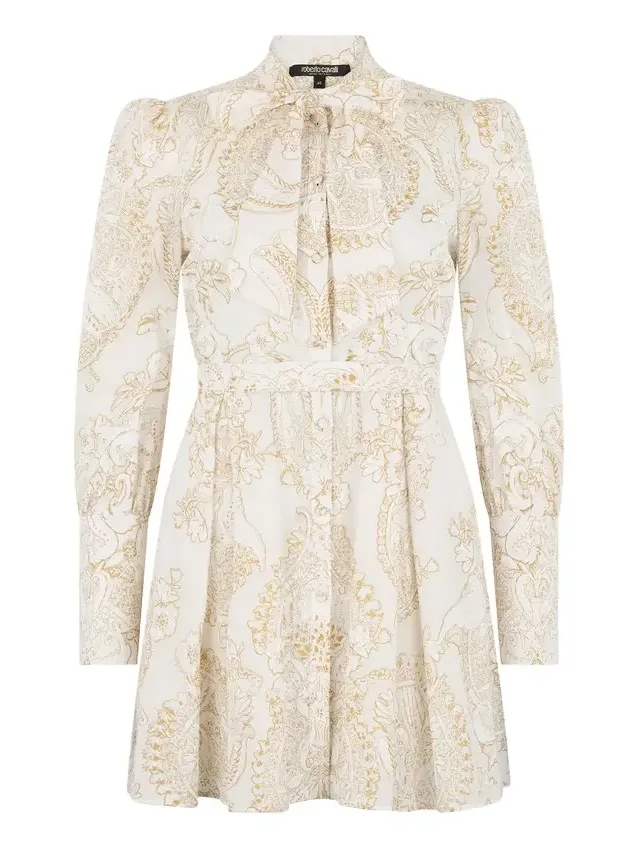 Short Silk Dress with Ornamental Motif in White Short Silk Dress with Ornamental Motif in White