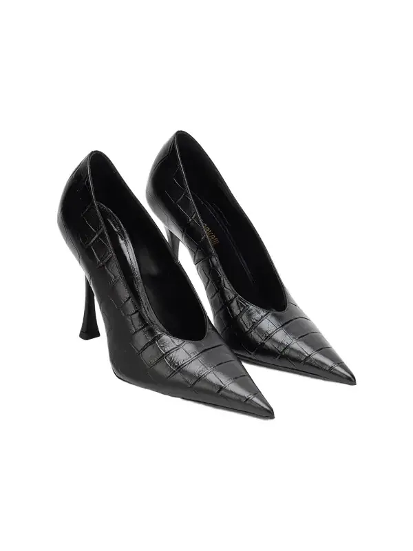 Black Croc-Embossed Pump With Monogram RC