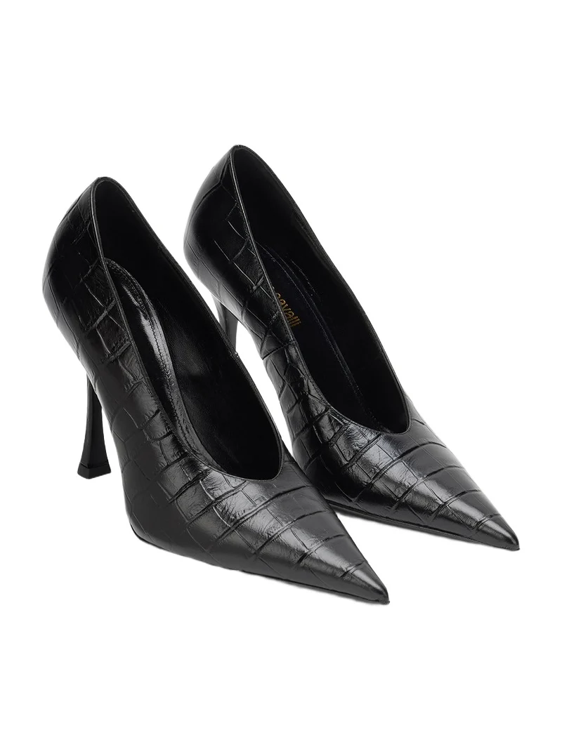 Black Croc-Embossed Pump With Monogram RC Black Croc-Embossed Pump With Monogram RC