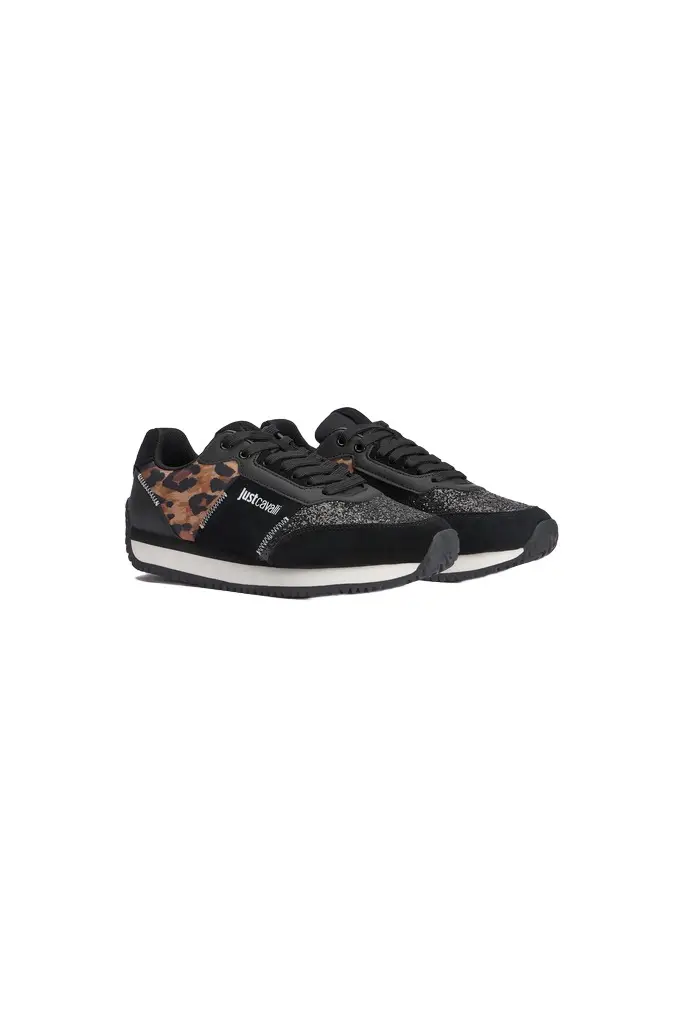 Black Sneakers with Jaguar Skin and Glitter Insert Black Sneakers with Jaguar Skin and Glitter Insert