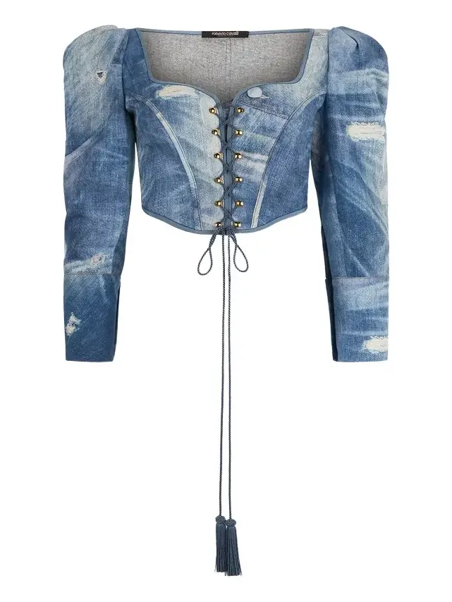 Denim Patchwork-Effect Corset with Lacing Denim Patchwork-Effect Corset with Lacing