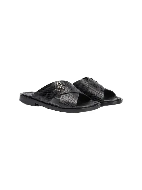 Black Slide Sandals in Snake-Effect Leather