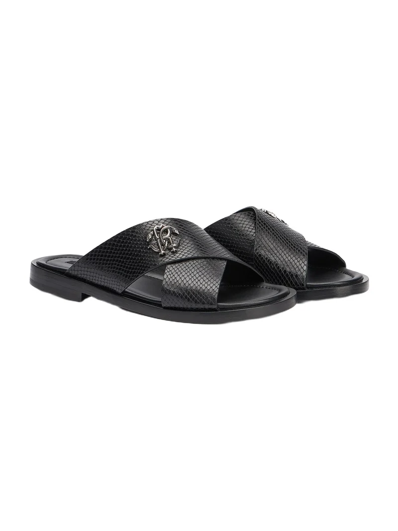 Black Slide Sandals in Snake-Effect Leather