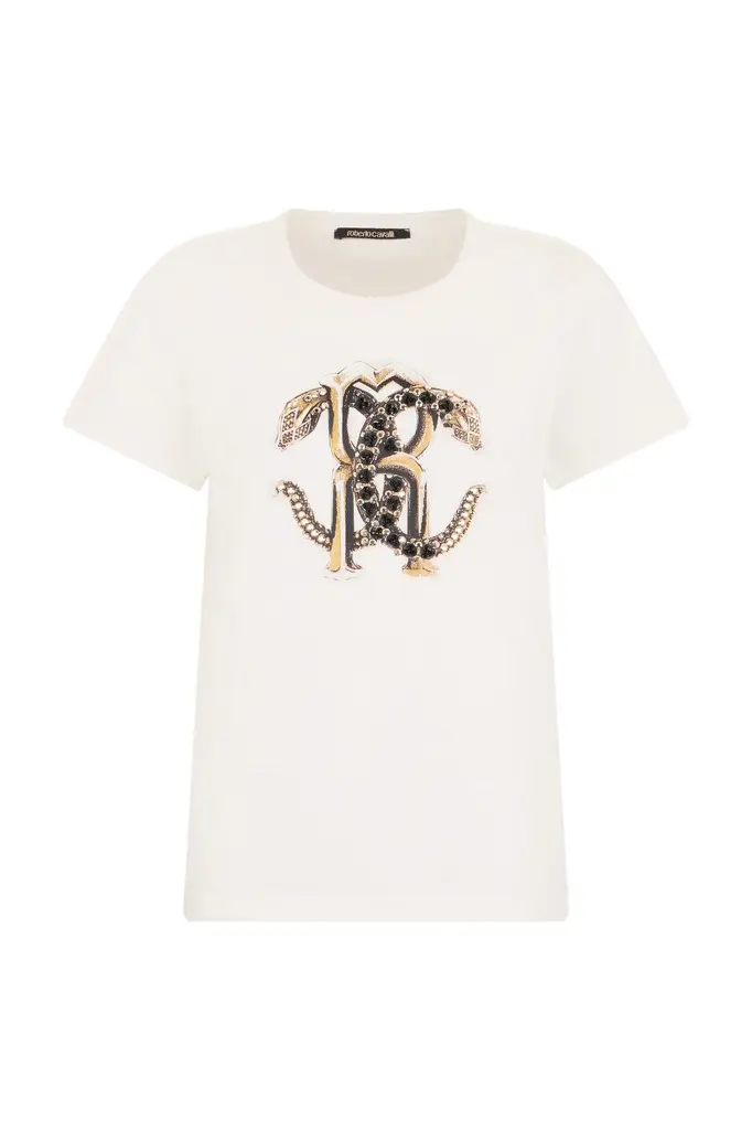Roberto Cavalli Ivory T-shirt with Logo | Image 1 Roberto Cavalli Ivory T-shirt with Logo | Image 1