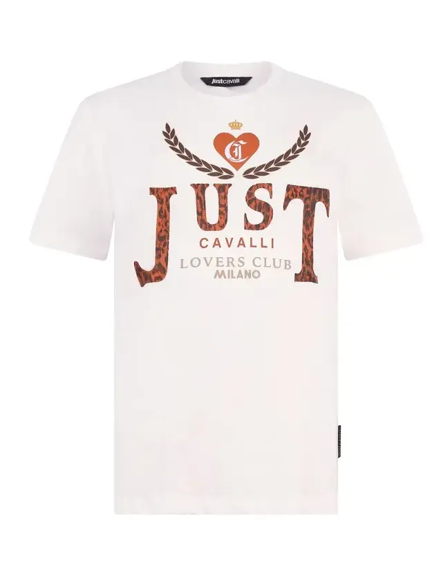 Roberto Cavalli White T-shirt with Animal Print Logo