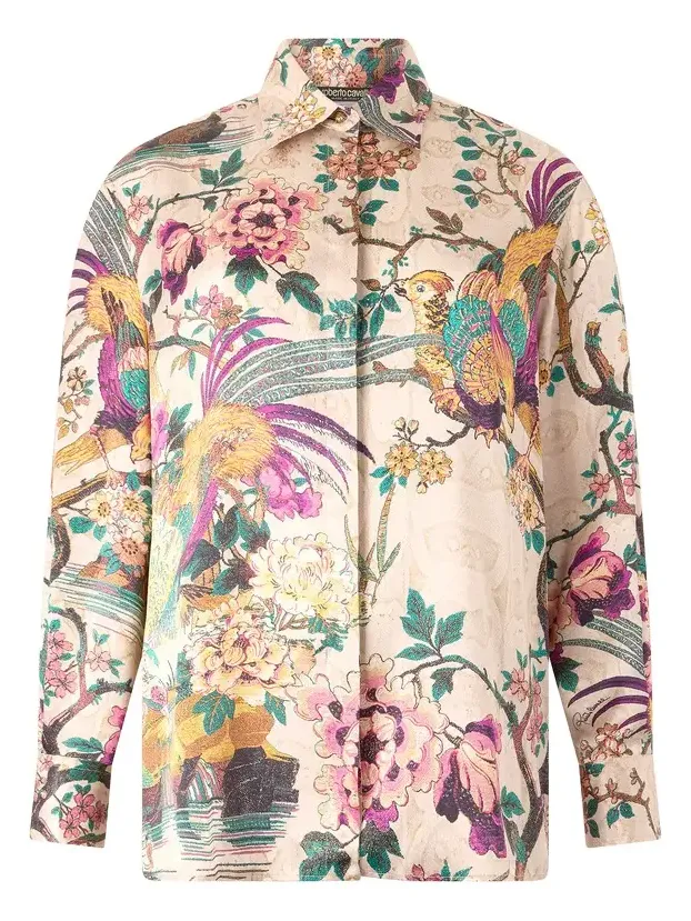 Silk Shirt With Oriental Bird Print Silk Shirt With Oriental Bird Print