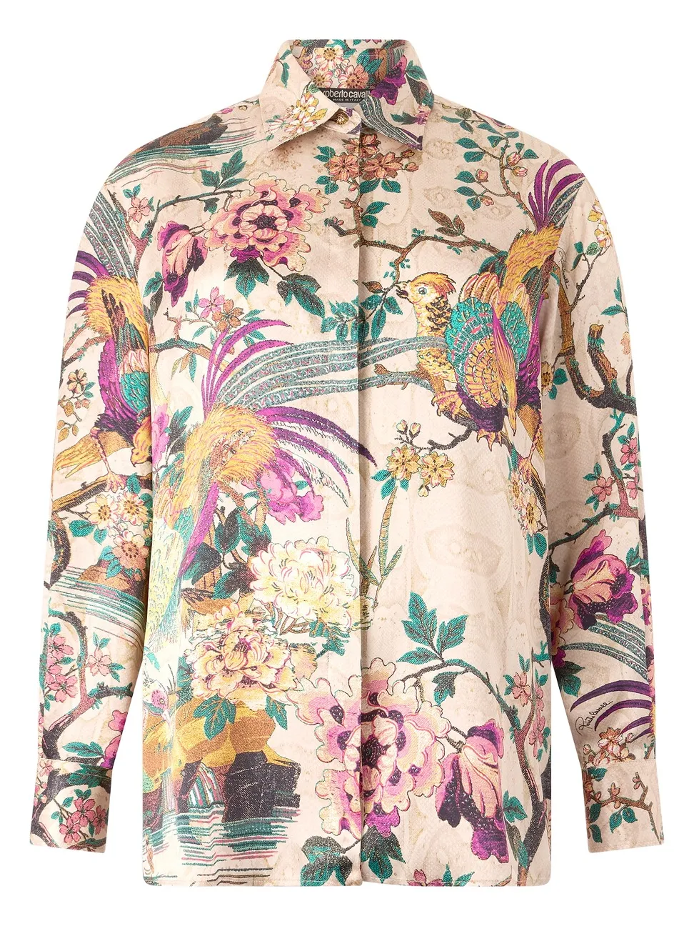 Roberto Cavalli Silk Shirt With Oriental Bird Print