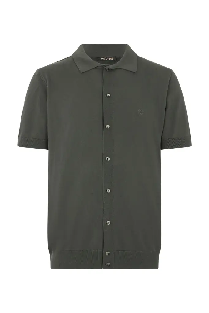 Roberto Cavalli Green Knitted Polo Shirt with Monogram RC | Image 1 Roberto Cavalli Green Knitted Polo Shirt with Monogram RC | Image 1
