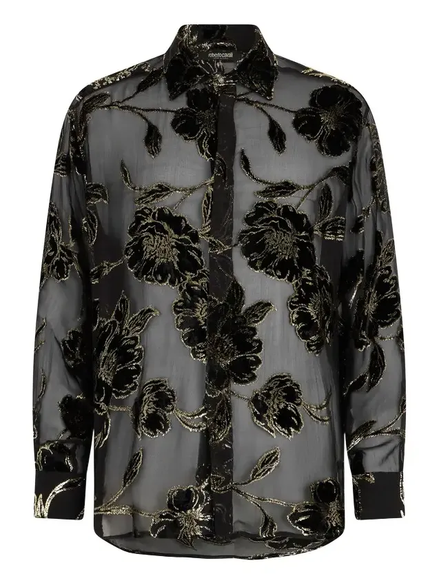 Roberto Cavalli Black and Gold See-Through Shirt with Floral Pattern