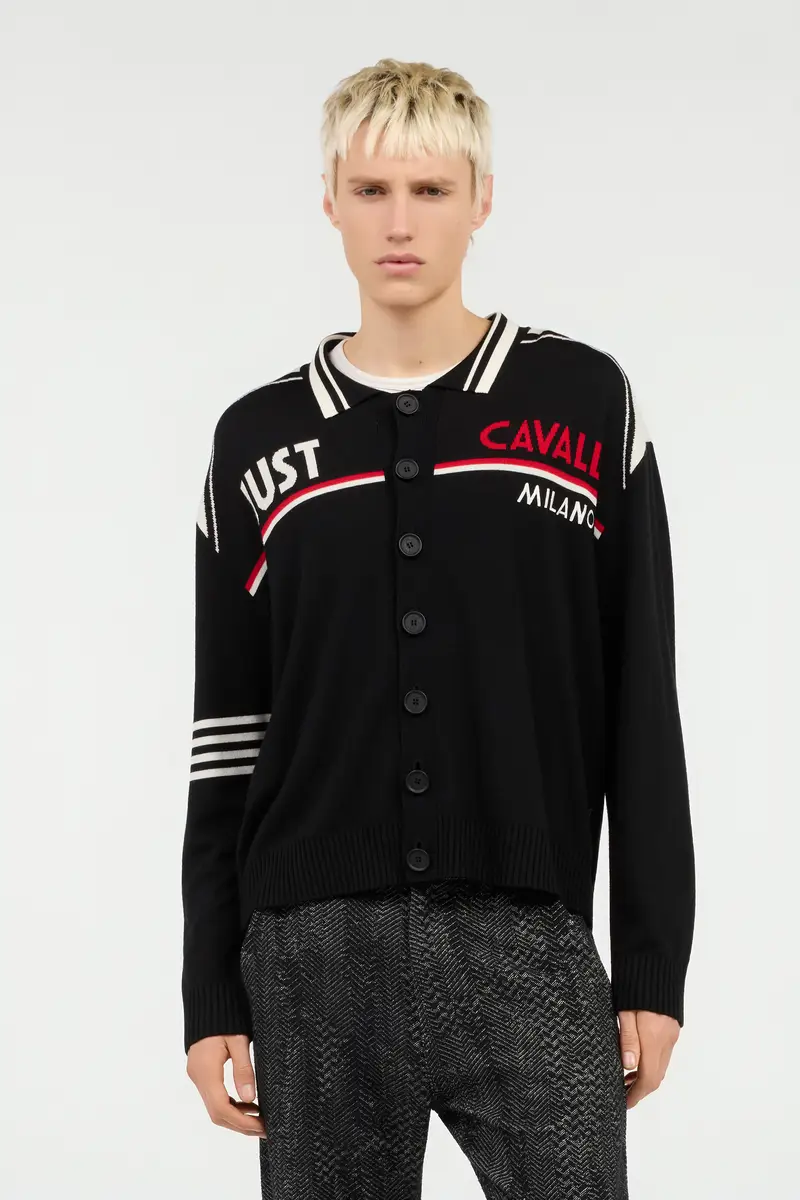 Roberto Cavalli Knit Cardigan with Polo Collar and Logo | Thumbnail 2 Roberto Cavalli Knit Cardigan with Polo Collar and Logo | Thumbnail 2