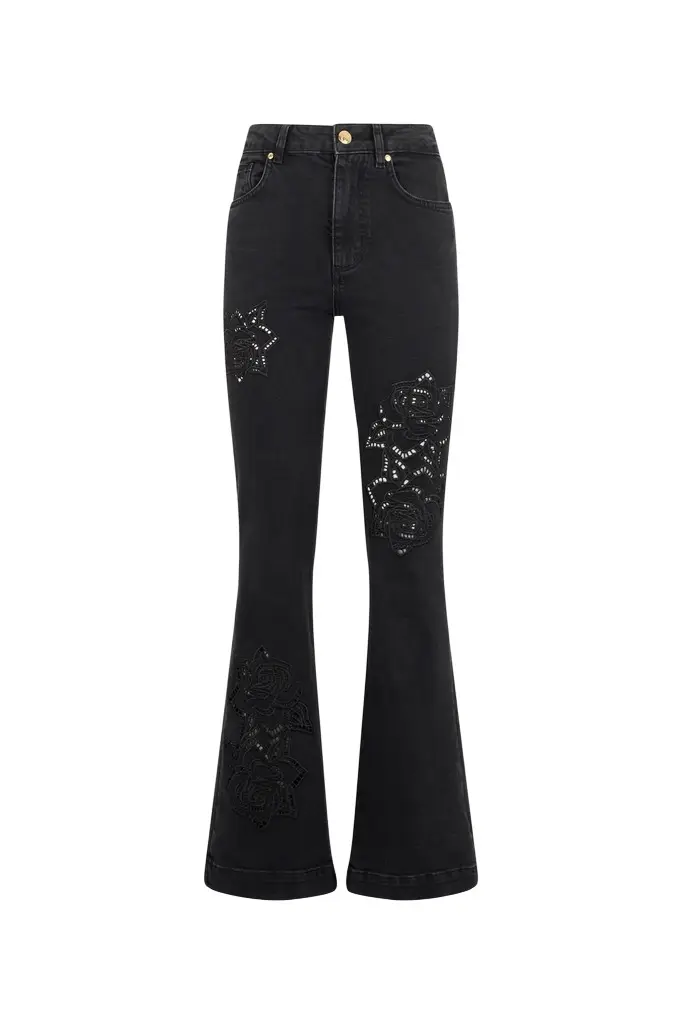 Roberto Cavalli Jeans Flared Black With Floral Embroidery | Image 1 Roberto Cavalli Jeans Flared Black With Floral Embroidery | Image 1