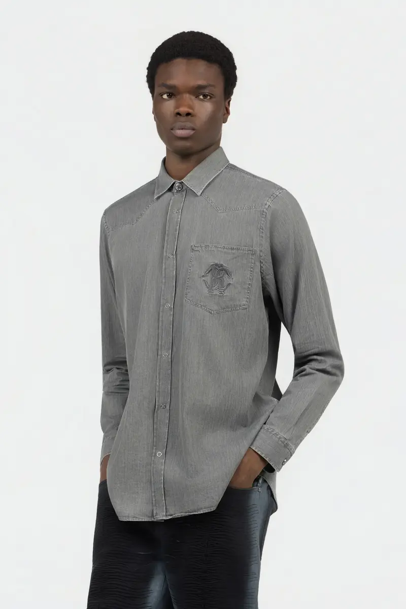 Roberto Cavalli Grey Cotton Shirt with Embroidered Logo | Thumbnail 2