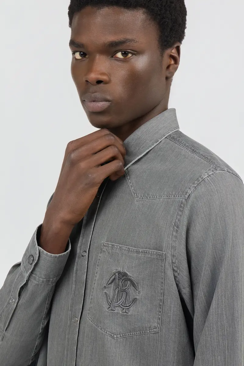 Roberto Cavalli Grey Cotton Shirt with Embroidered Logo | Thumbnail 4