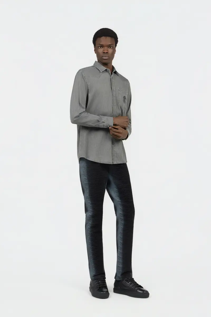 Roberto Cavalli Grey Cotton Shirt with Embroidered Logo | Thumbnail 6