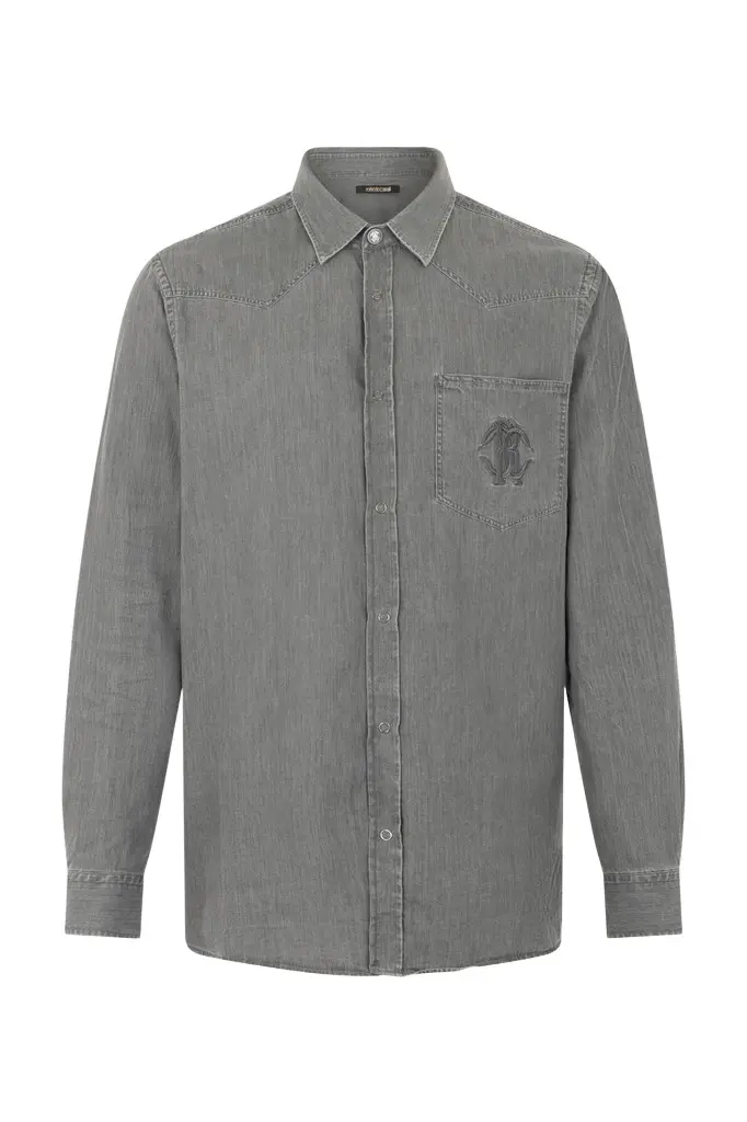 Roberto Cavalli Grey Cotton Shirt with Embroidered Logo | Image 1 Roberto Cavalli Grey Cotton Shirt with Embroidered Logo | Image 1