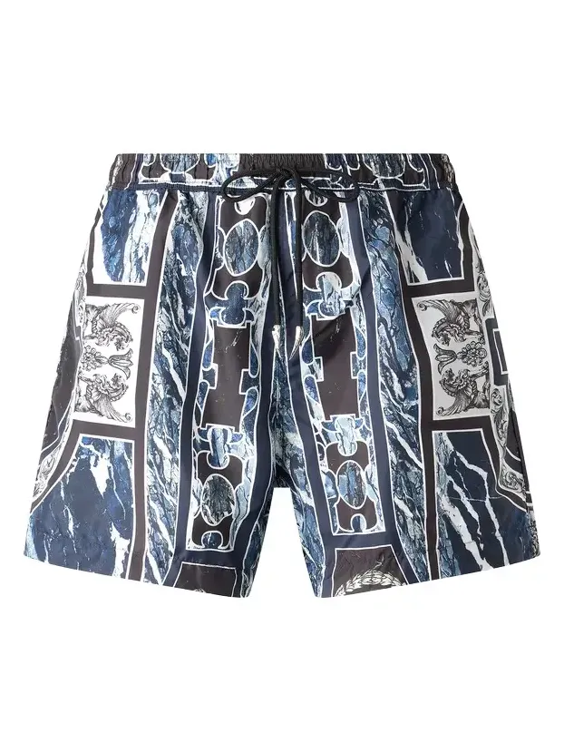 Roberto Cavalli Swim Shorts With Fang And Marble Print