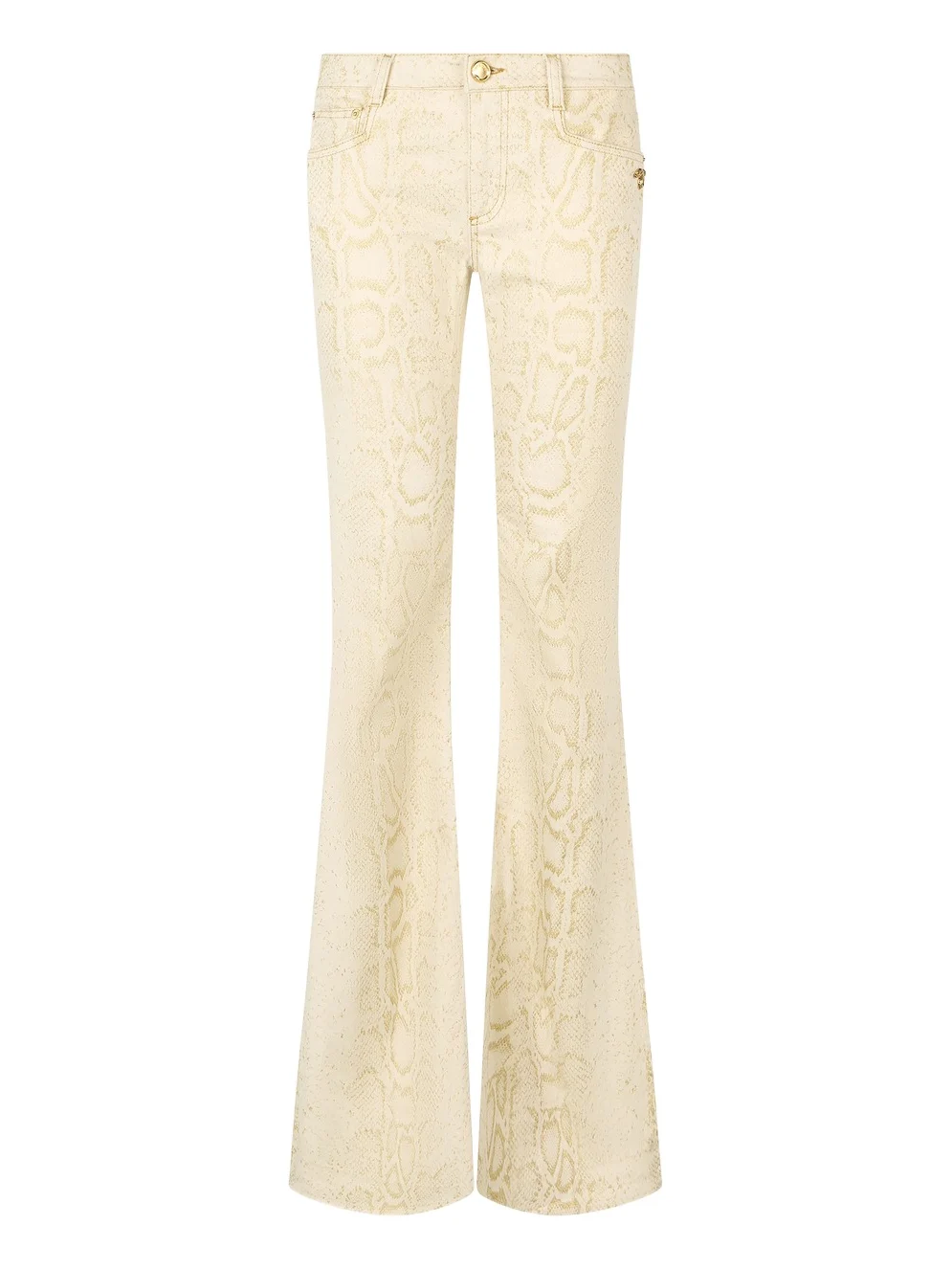 White Flared Jeans with Gold Python Motif White Flared Jeans with Gold Python Motif