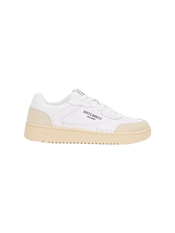 Roberto Cavalli White Leather Sneakers With Beige Inserts