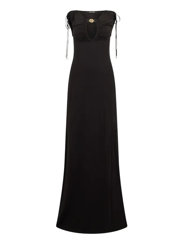 Roberto Cavalli Black Maxi Dress with Mirror Snake Detail