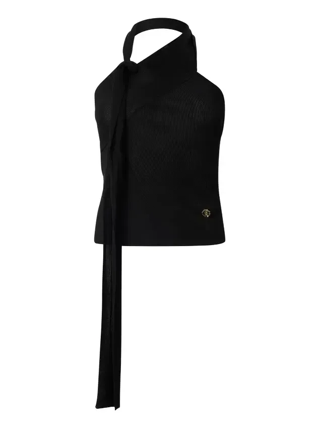 Black Open-Shoulder Knitted Top