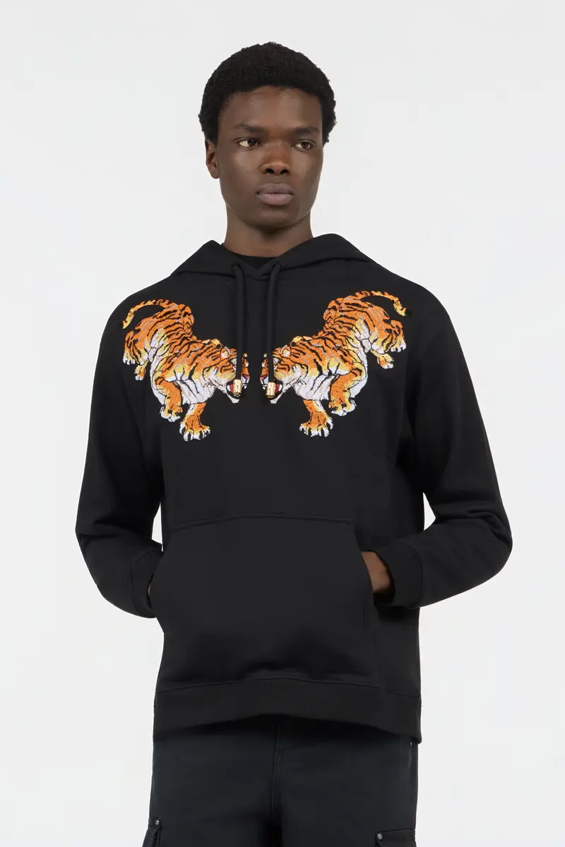 Roberto Cavalli Black Hooded Sweatshirt With Tiger Embroidery | Thumbnail 2