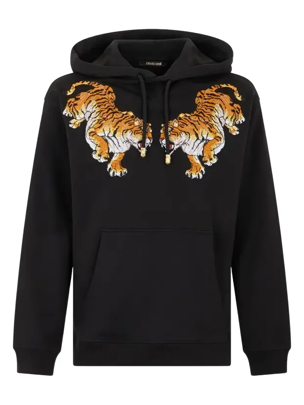 Black Hooded Sweatshirt With Tiger Embroidery