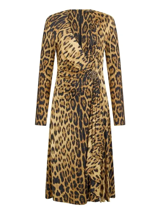 Jaguar Skin Print Wrap Midi Dress