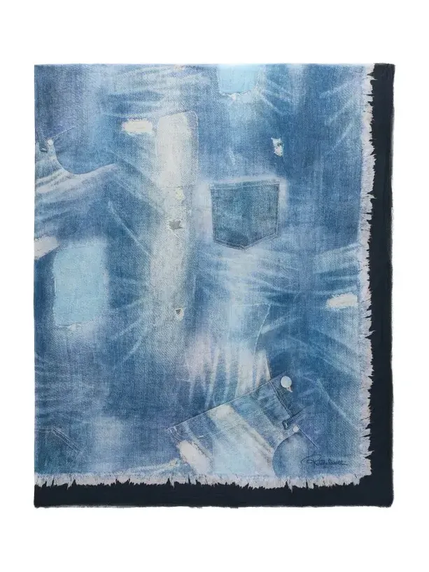 Roberto Cavalli Cotton Scarf with Denim Patchwork Print