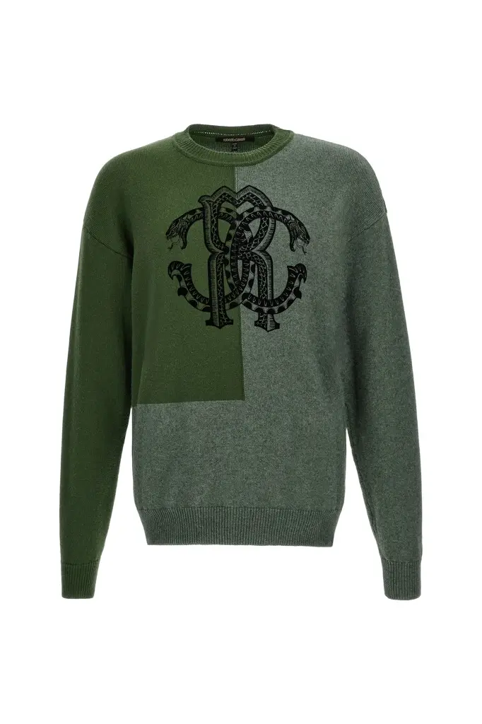 Roberto Cavalli Green Two-Tone Sweater with Monogram RC | Image 1 Roberto Cavalli Green Two-Tone Sweater with Monogram RC | Image 1