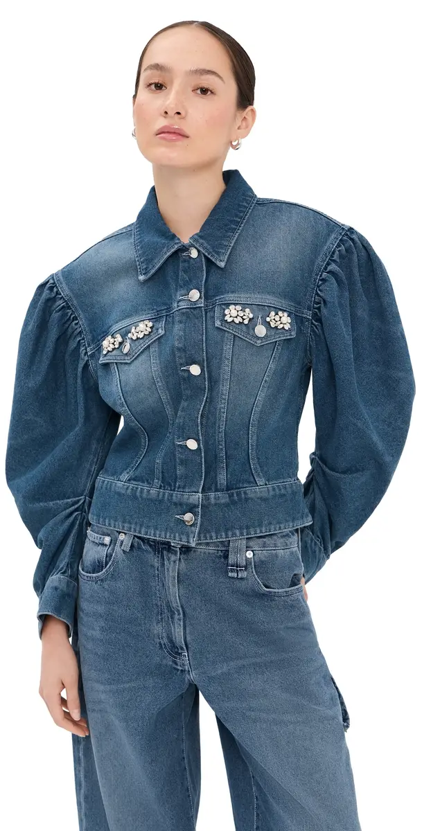 Simone Rocha Sculpted Draped Sleeve Denim Jacket Indigo/Pearl/Clear | Image 1 Simone Rocha Sculpted Draped Sleeve Denim Jacket Indigo/Pearl/Clear | Image 1