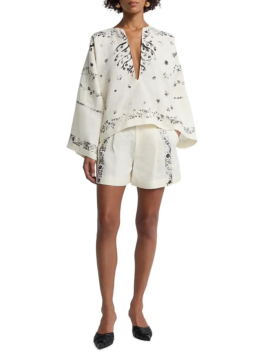 Alberta Ferretti Women's Floral Linen High-Rise Shorts | Thumbnail 2