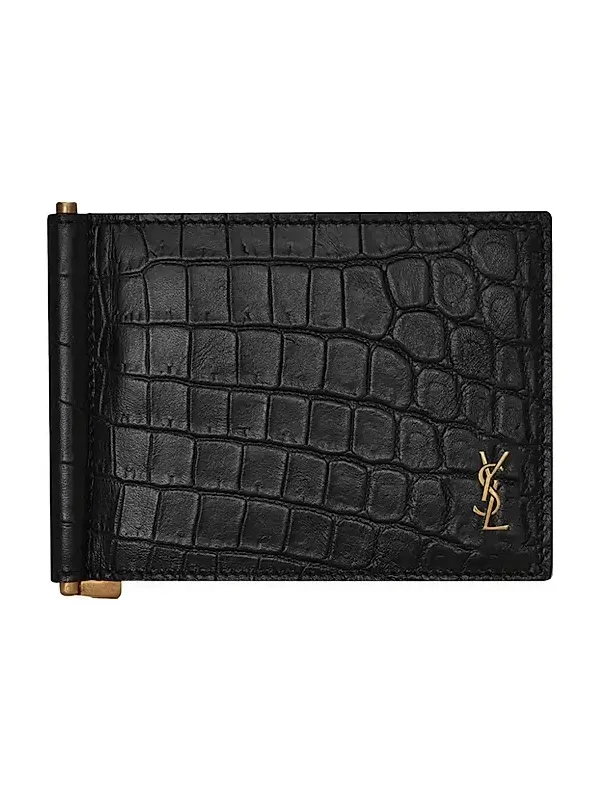 Saint Laurent Men's Tiny Cassandre Bill Clip Wallet in Crocodile-Embossed Matte Leather