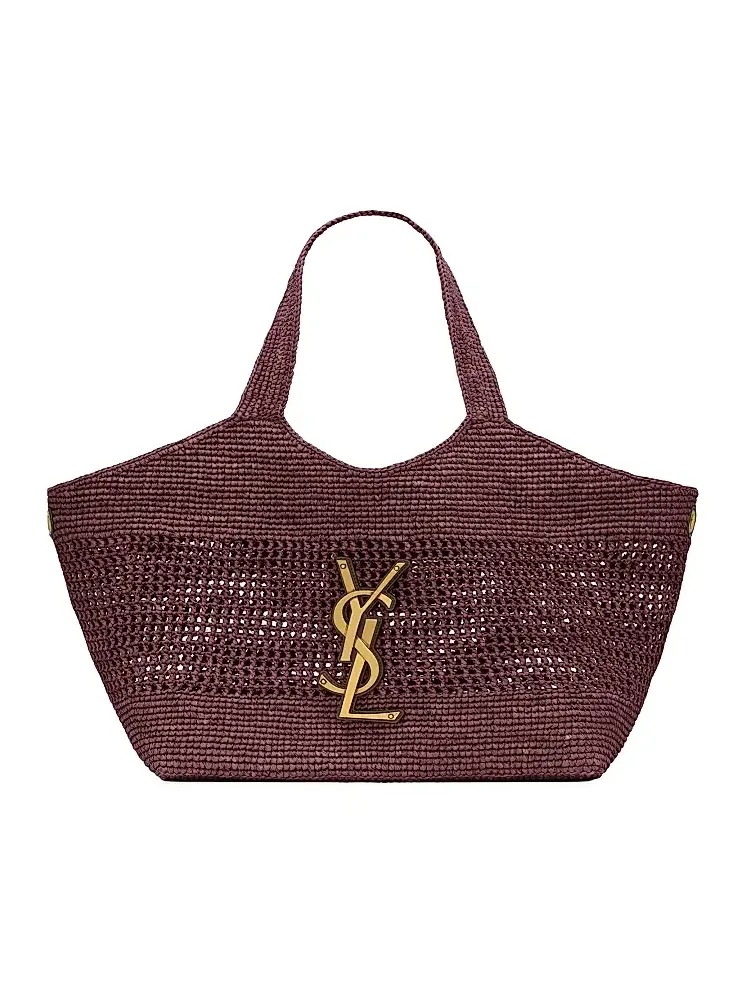 Saint Laurent Women's Icare Medium Tote Bag in Raffia - Rouge Cabernet | Thumbnail 1 Saint Laurent Women's Icare Medium Tote Bag in Raffia - Rouge Cabernet | Thumbnail 1