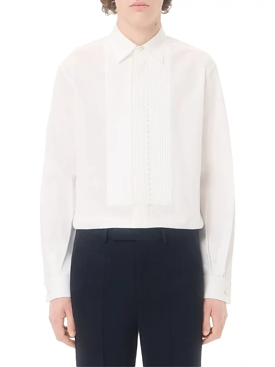 Valentino Men's Cotton Poplin Shirt with Pleated Plastron and Lace Details - White | Thumbnail 3 Valentino Men's Cotton Poplin Shirt with Pleated Plastron and Lace Details - White | Thumbnail 3