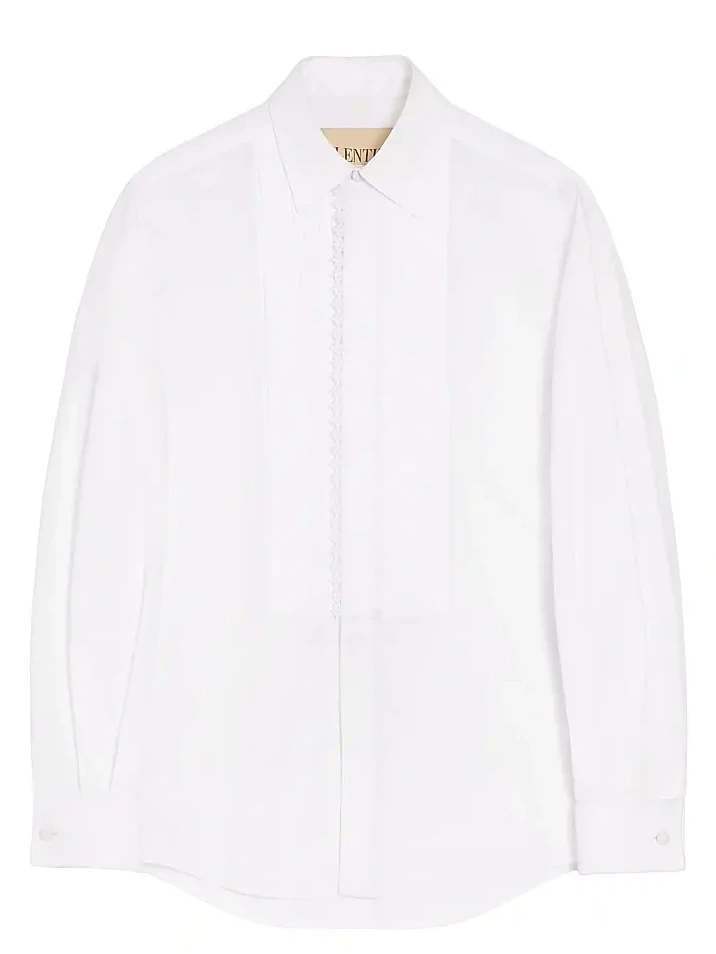 Valentino Men's Cotton Poplin Shirt with Pleated Plastron and Lace Details - White