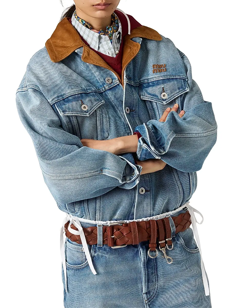 Miu Miu Women's Washed Denim and Suede Blouson Jacket | Thumbnail 4 Miu Miu Women's Washed Denim and Suede Blouson Jacket | Thumbnail 4