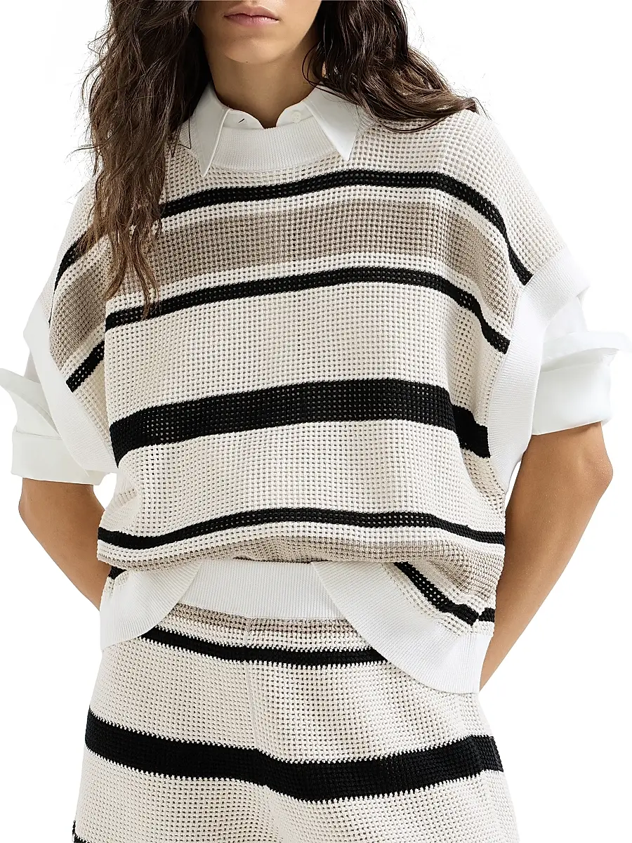 Brunello Cucinelli Women's Striped Cotton Net Knit T-Shirt | Thumbnail 2 Brunello Cucinelli Women's Striped Cotton Net Knit T-Shirt | Thumbnail 2