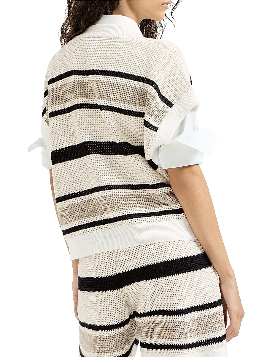 Brunello Cucinelli Women's Striped Cotton Net Knit T-Shirt | Thumbnail 3 Brunello Cucinelli Women's Striped Cotton Net Knit T-Shirt | Thumbnail 3