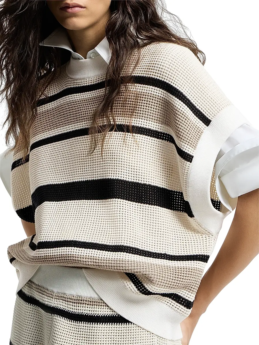 Brunello Cucinelli Women's Striped Cotton Net Knit T-Shirt | Thumbnail 4 Brunello Cucinelli Women's Striped Cotton Net Knit T-Shirt | Thumbnail 4
