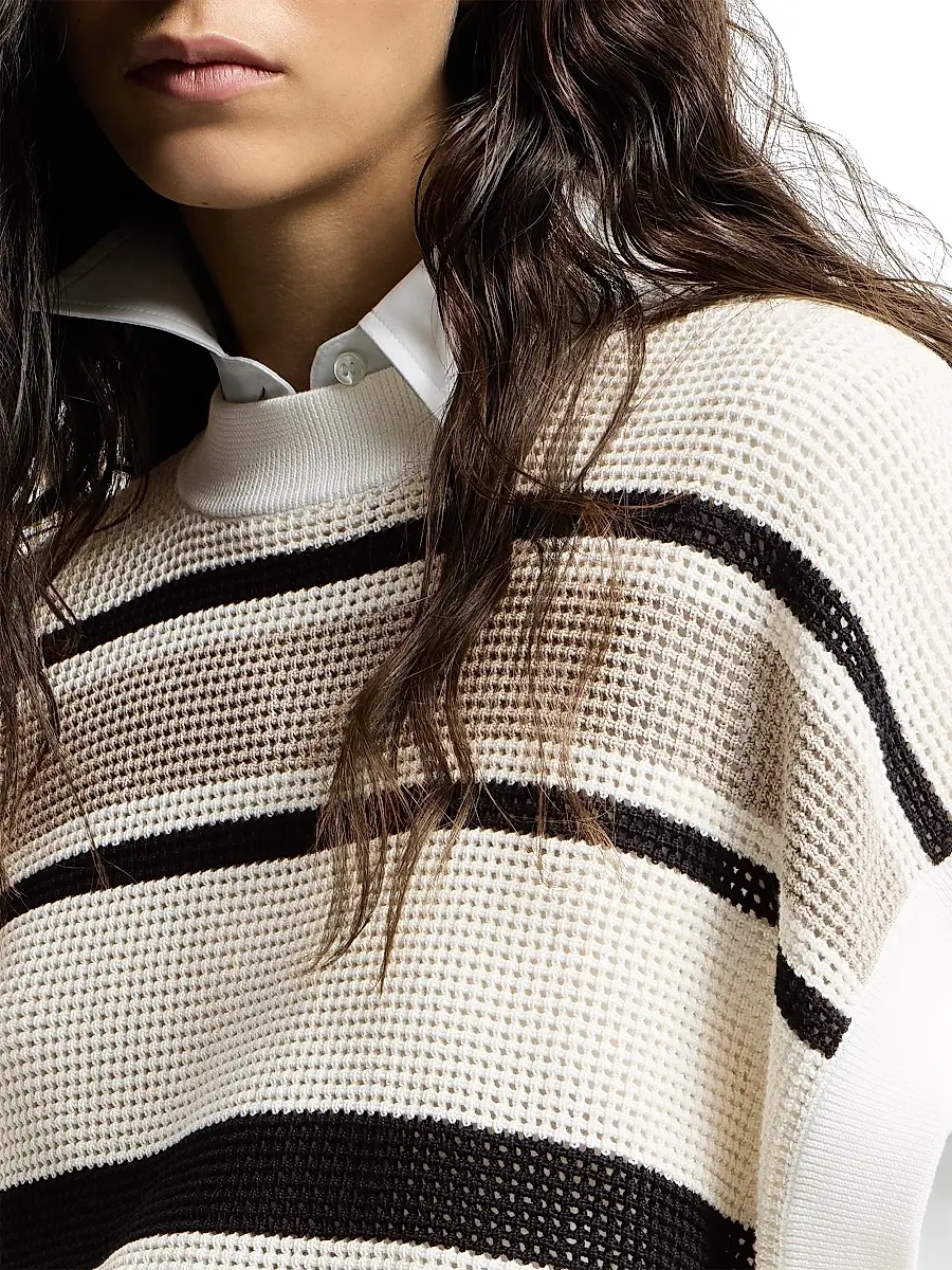 Brunello Cucinelli Women's Striped Cotton Net Knit T-Shirt | Thumbnail 5 Brunello Cucinelli Women's Striped Cotton Net Knit T-Shirt | Thumbnail 5