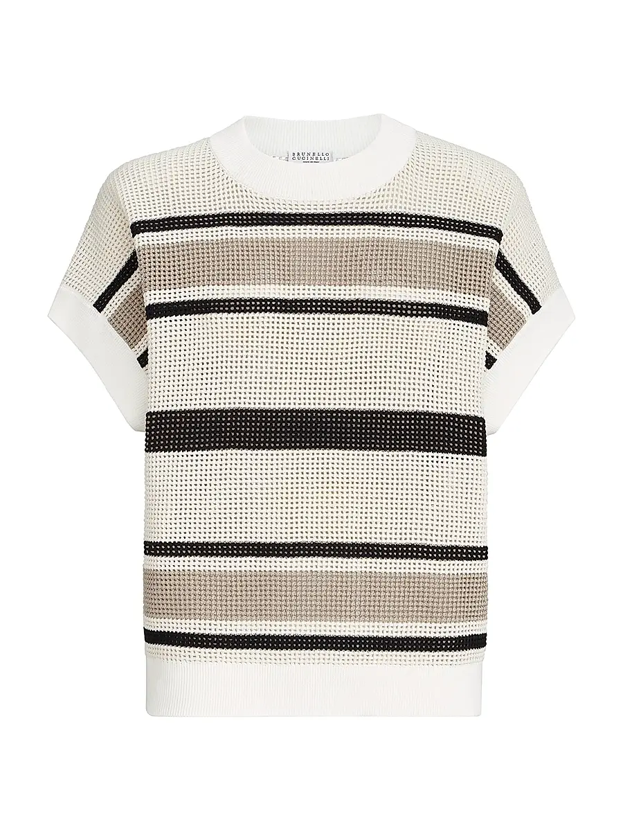 Brunello Cucinelli Women's Striped Cotton Net Knit T-Shirt - White | Image 1 Brunello Cucinelli Women's Striped Cotton Net Knit T-Shirt - White | Image 1