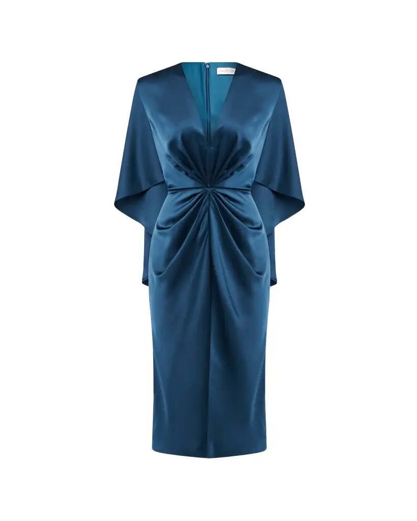 Halston Tomi Pleated Satin Cape Midi Dress | Image 1 Halston Tomi Pleated Satin Cape Midi Dress | Image 1