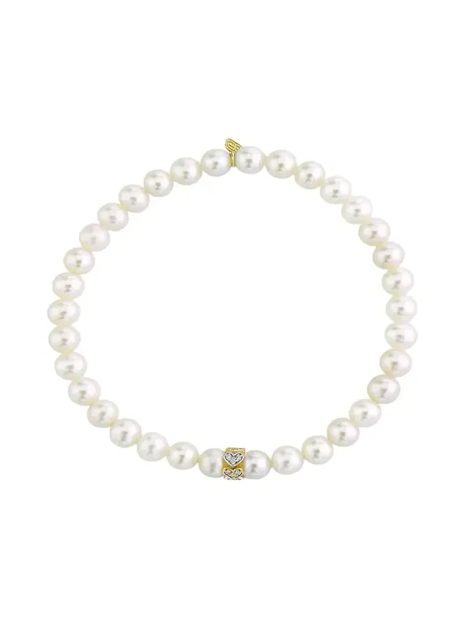 6mm Eternity Heart Diamond Rondelle on Pearl Stretch Bracelet