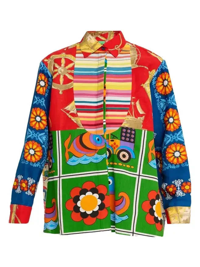 Rianna + Nina Mixed-Print Bib Button-Down Shirt