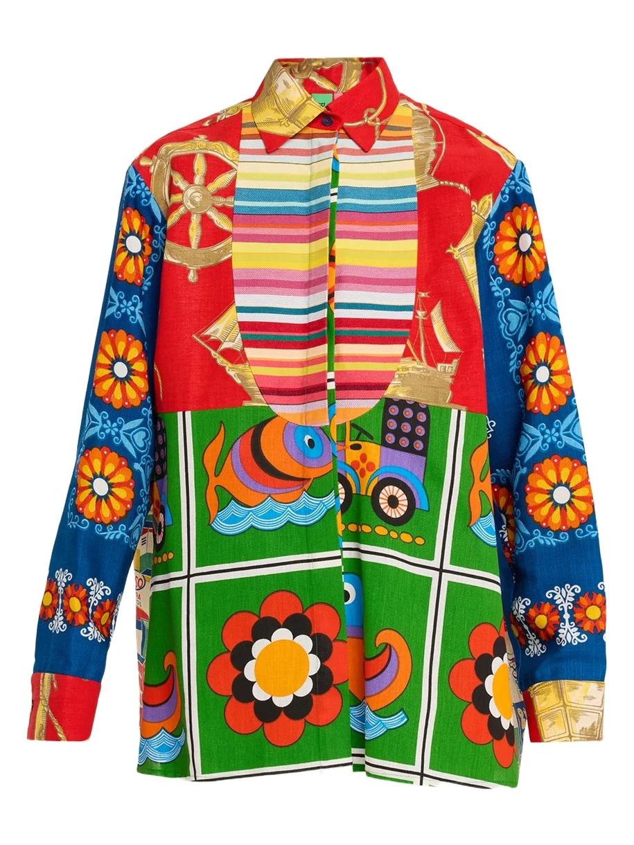 Rianna + Nina Mixed-Print Bib Button-Down Shirt