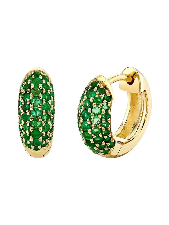 14K Emerald Pave Puffy Huggie Hoop Earrings
