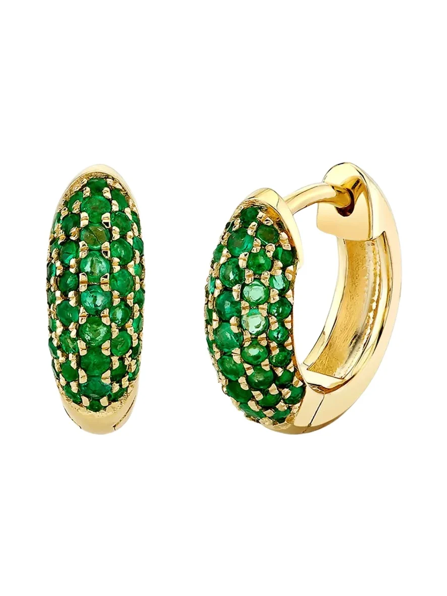 Sydney Evan 14K Emerald Pave Puffy Huggie Hoop Earrings