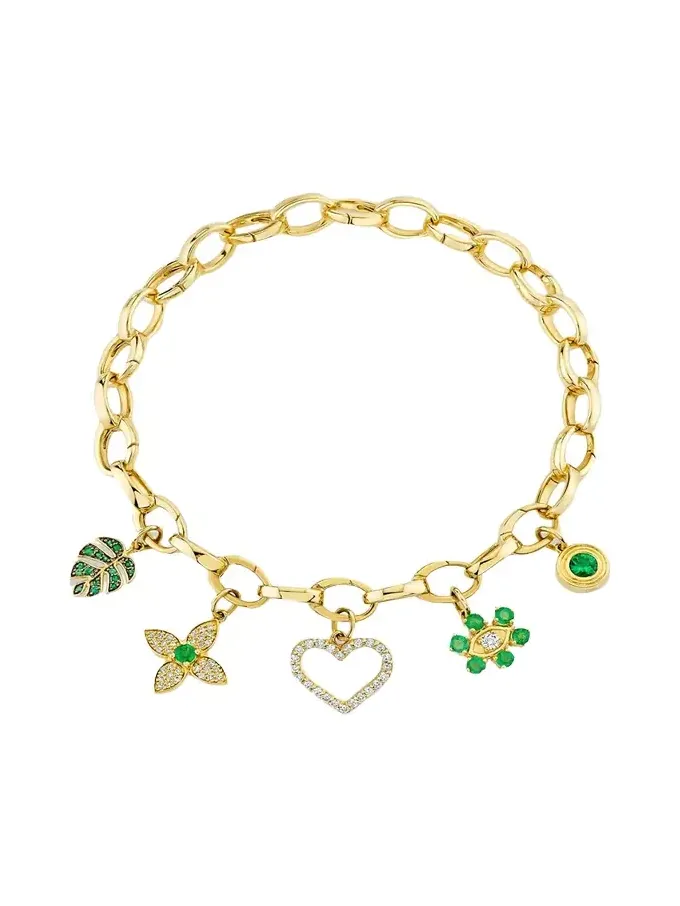 14K Diamond and Emerald Multi Charm Bracelet 14K Diamond and Emerald Multi Charm Bracelet
