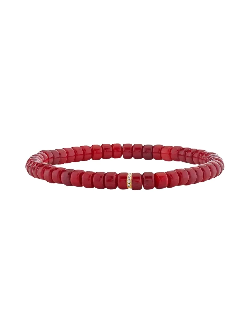 4mm Red Heishi Bead and Diamond Rondelle Stretch Bracelet